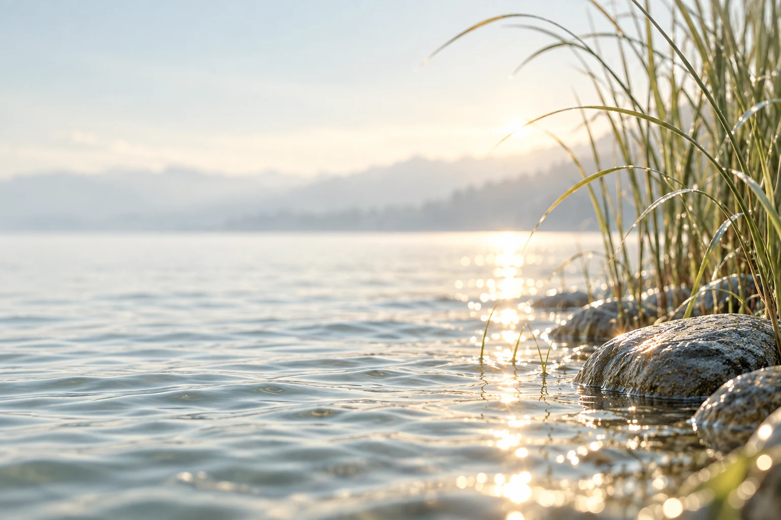 Ruhiges Wasser und Schilf im Morgenlicht